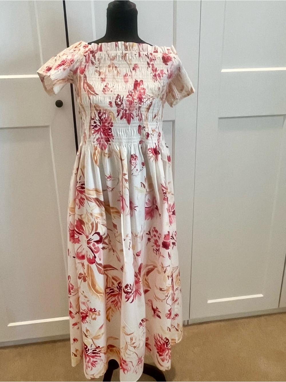 H&M Maxi Dress White Pink Taupe Floral Off the Shoulder Cotton Blend Size Large